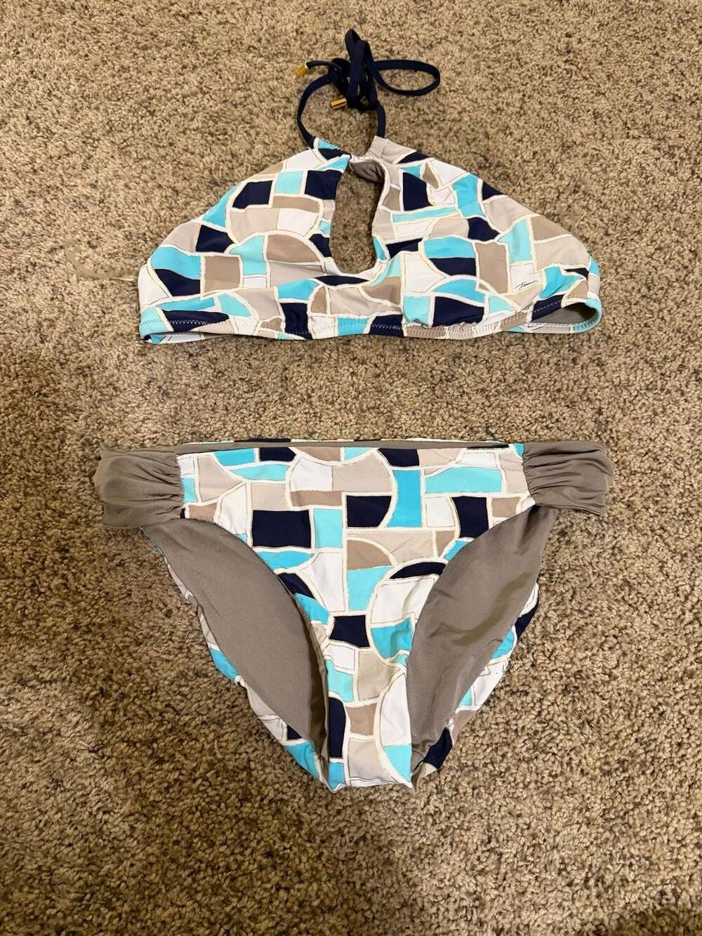 Trina Turk Disco Deco Geometric Halter Bralette Top & Ruched Bikini Bottom Set